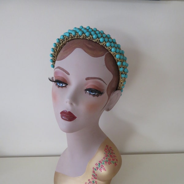 Vintage Crochet Gold Lame Thread and Turquoise Lucite Bead Encrusted Headband/Alice Band/Tiara/Crown - 1960's