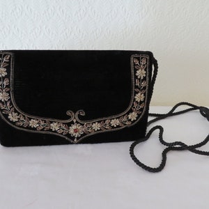 Vintage Tasche/Handtasche aus schwarzem Samt, Zardozi/Gold Draht & rotem Achat - Ideal für Festival/Hippie/Boho/Hochzeit/Rennen/besondere Anlässe - 1980's