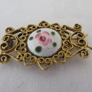 Vintage Gold Tone and White Guilloche Enamel Hairclip/Slide/Barrette with Rose Design - 1960&#39;s