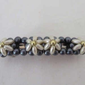 Vintage Dark Grey and Ivory Faux Pearl & Gold Bead Bar Hair Clip/Slide/Barrette on Silver Tone Fitting - 1980&#39;s - Ideal Wedding/Prom