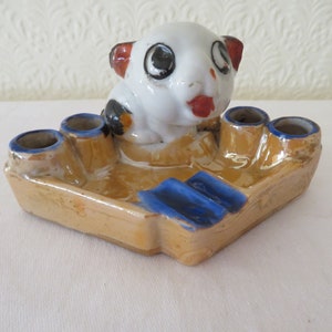 Vintage/Art Deco Hand Painted  Lustre Ware Bonzo Dog Ashtray & Cigarette Holder - 1920's - Made in Japan - Bulldog Cartoon by George Studdy