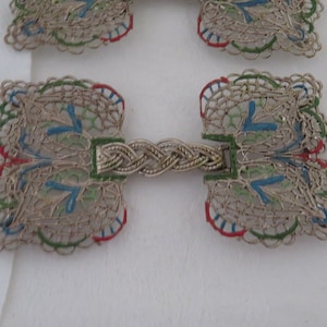 Vintage/Antique Silver Tone Filigree Metal and Enamel Two Part Cape Clasp/Buckle Signed Czechoslovakia - Two Available