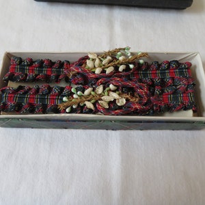 Vintage Tartan Fabric Sleeve Armbands/Garters with Silk Heather Adornment in Original Box - 1950&#39;s - Rare Find