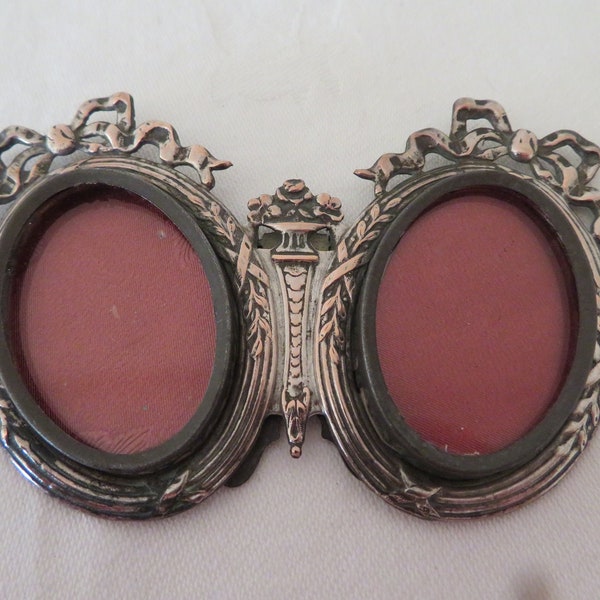 Vintage/Antique Miniature Silver Plate on Copper Duo/Double Photograph/Picture Frame - 1900's - Ornate Bow Design with Easel Back