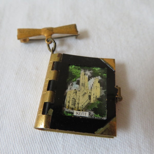 Vintage Souvenir Photo Book Brooch/Locket - Gold Tone Metal Bow - Places in Kent, England  - 1950's - Colour Tinted Photographs