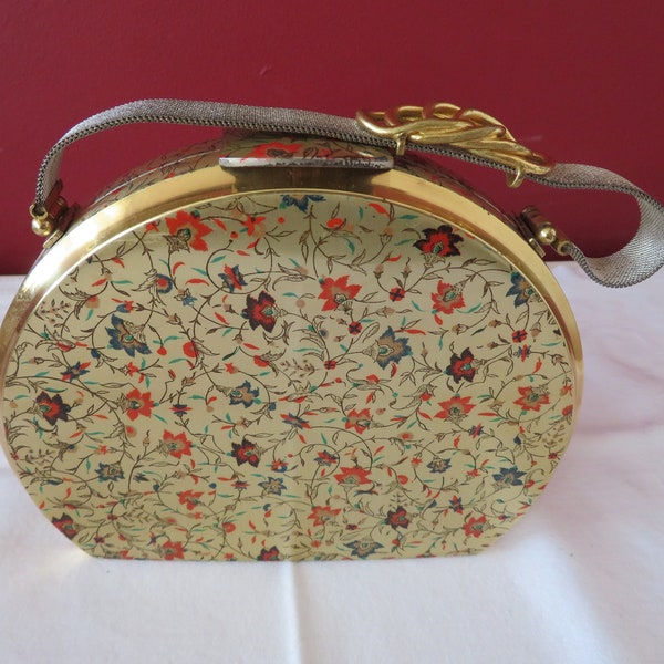 Rare Vintage 1950's Party Case/Vanity/Make Up/Minaudiere/Necessaire Evening Bag with Matching Compacts/Silk Purse/Comb - Floral Lacquer