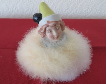 Vintage Art Deco Figural Bisque Clown/Pierrot Head & Variegated Swans Down Powder Puff - Unused 1920's- Vanity/Make Up/Dressing Table -