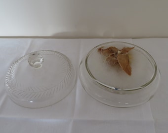 Vintage Large Lead Crystal Cut Glass Powder Bowl & Swans Down Powder Puff with Yellow Silk and Velvet Leaves - 1950's Unused Vanity/Make Up