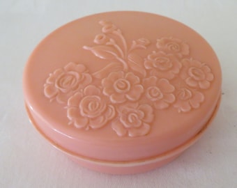 Vintage Art Deco Round Pink Urea Formaldehyde/Early Plastic Powder/Trinket Box with Moulded Floral/Flower Design - 1930&#39;s - Medium Size