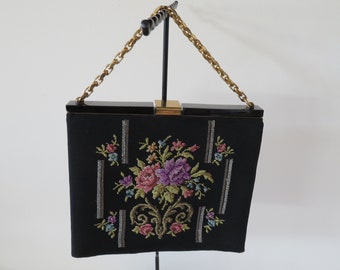 Vintage Black Crepe and Lucite Minaudiere/Box Bag/Purse with Petit Point/Tapestry Front - 1950's - Powder/Lipstick/Mirror/Cigarettes