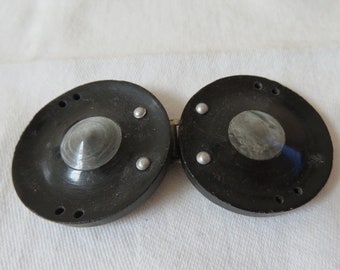 Authentic Art Deco Black Bakelite/Lucite Interlocking Buckle/Cloak Clasp with Grey Marbled Domed Centre - Downton, Gatsby, Flapper