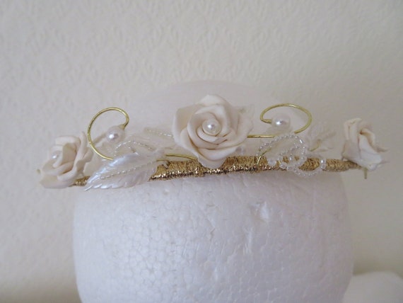 Vintage Ivory Rose and White Leaves Tiara/Crown/H… - image 4