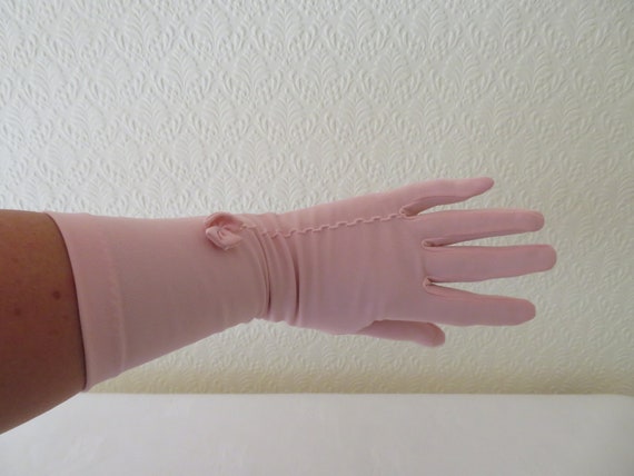 Vintage Pink Nylon Mid Length Gloves with Embroid… - image 1