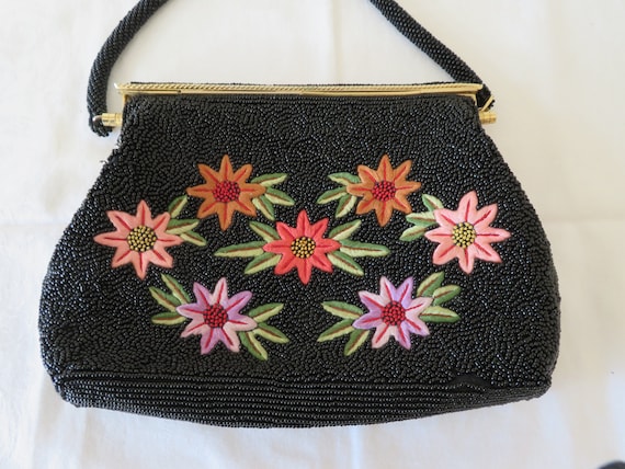 Vintage Black Micro Bead and Floral/Flower Embroi… - image 10