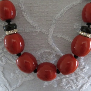 Vintage Designer Statement Long Chunky Black & Dark Red Bead Necklace by Angela Caputi with Diamante/Rhinestone - Fiocchi Clasp - 2000&#39;s