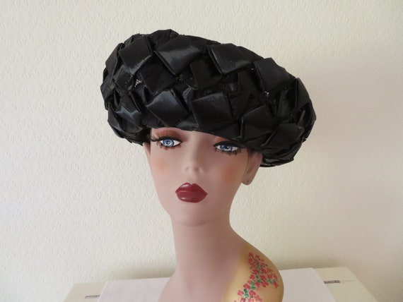 Vintage Black Woven Raffia on Net Upturned Brim H… - image 6