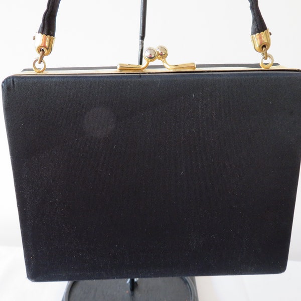 Vintage Black Silk Box/Vanity/Make Up/Minaudiere/Necessaire Evening Bag - 1950's - Powder/Lipstick/Mirror/Cigarettes