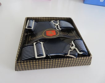 Vintage Sock Garters/Suspenders in Original Box Base (No Cover) by Boston - Blue & White Striped - 1950&#39;s  Two Pairs Available New Old Stock