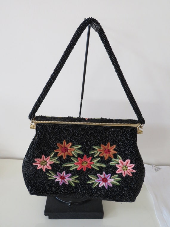 Vintage Black Micro Bead and Floral/Flower Embroi… - image 3