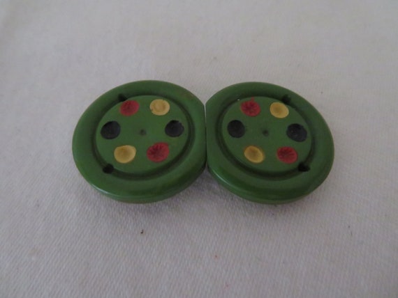 Authentic Art Deco Green Bakelite with Painted Sp… - image 1