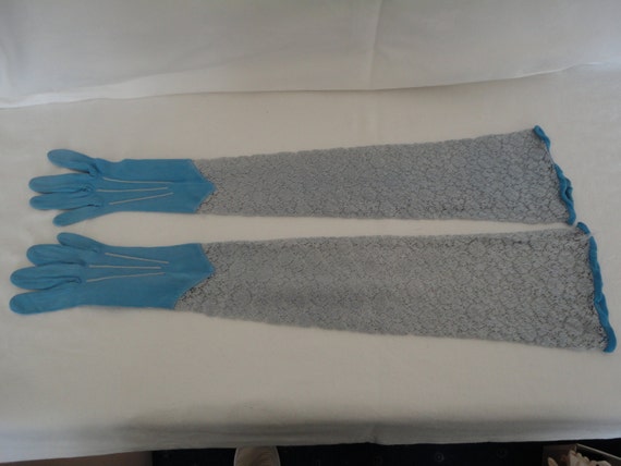 Vintage Pale Blue Silk and Lace Opera Length Glove