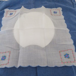 Gorgeous Vintage Sheer White Hankie/Handkerchief/Hanky with Embroidered Blue & Pink Flower Corners - Bridal/Wedding Keepsake