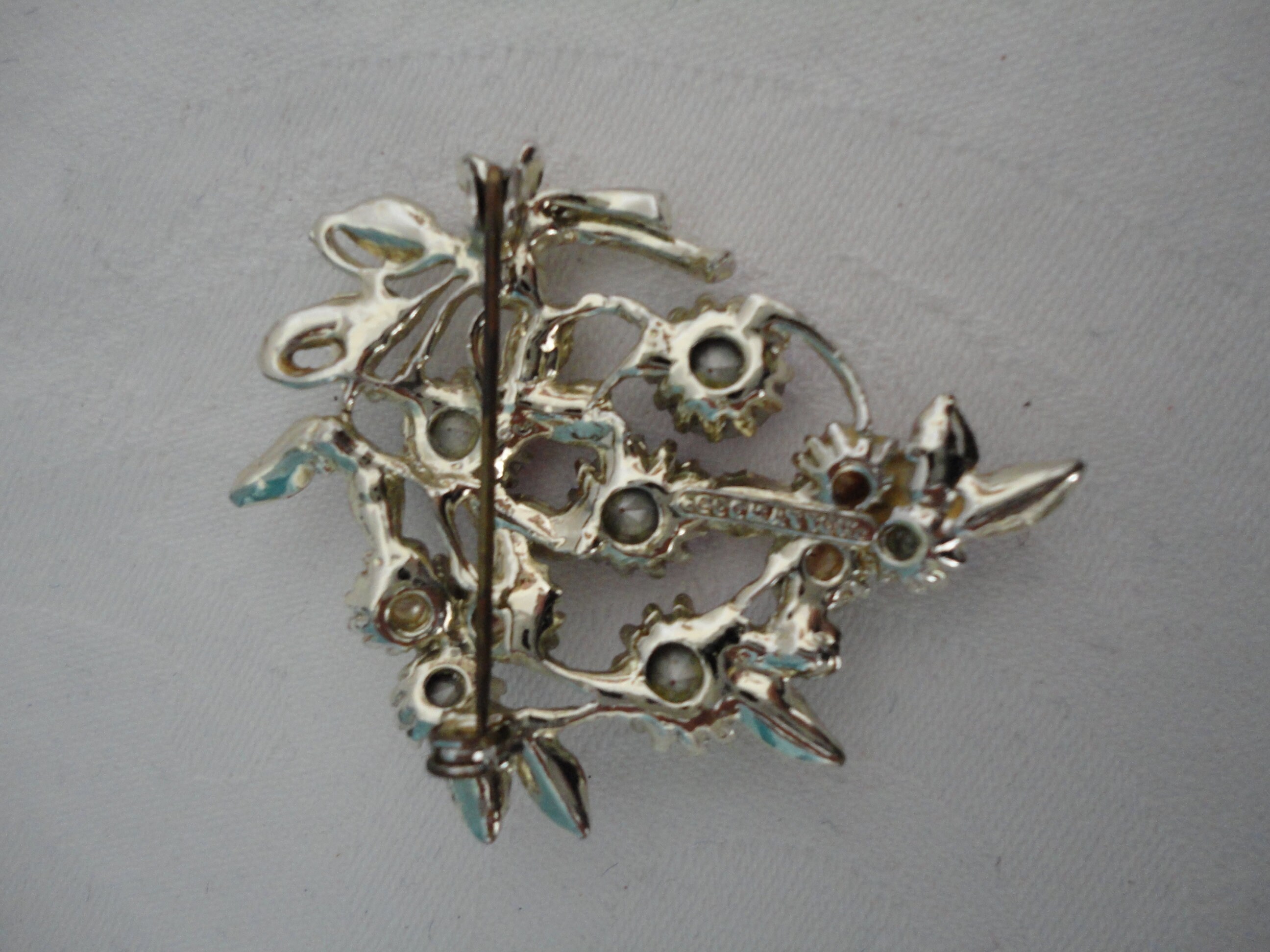 Vintage Designer Gold Tone, Enamel, Faux Pearl & Amber AB