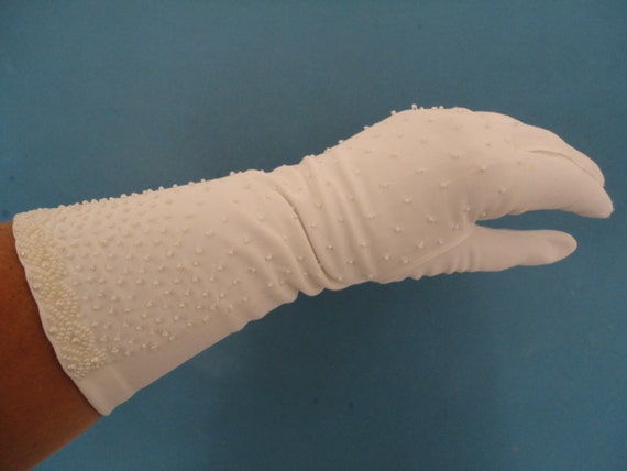 Vintage White Mid Length Nylon Simplex Gloves wit… - image 7