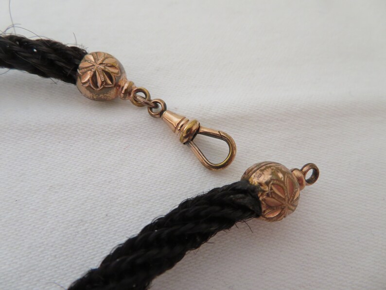 Antique Black Human Woven Hair and Rolled Rose Gold Albert Watch/Fob Chain 1800's Victorian Mourning/Sweetheart Jewellery image 2