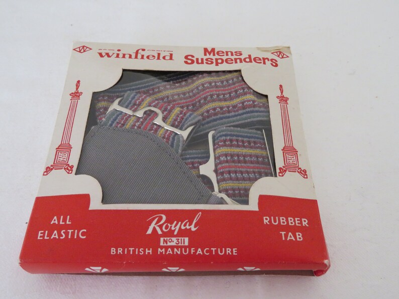 Multicolour BlueGreenRedYellowGreyBrown Stripes 1950/'s Vintage Royal Sock GartersSuspenders in Original Box by Winfield Unworn