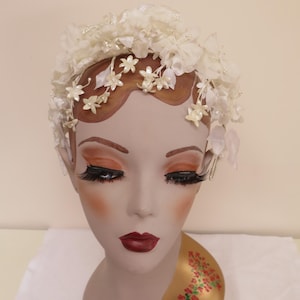 Tiara/corona/alone/copricapo vintage in seta avorio e perle di semi AB - sposa/matrimonio - Jenny Lynne of London completo in scatola - anni '70