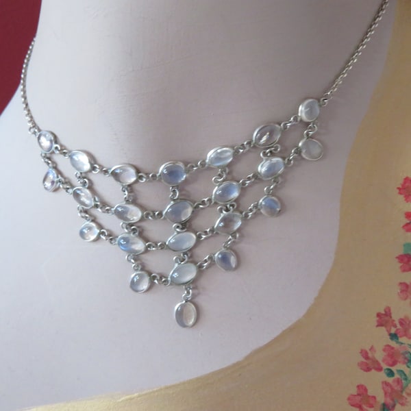 Vintage/Antique Moonstone and Silver (Tested) Festoon Bib Necklace/Choker - Hand Cut Stones  - 1900's Edwardian/Victorian