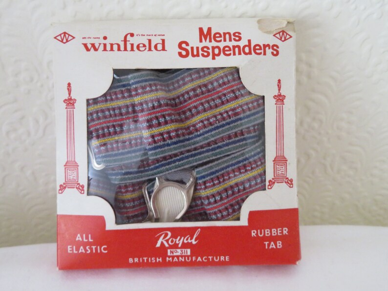 Multicolour BlueGreenRedYellowGreyBrown Stripes 1950/'s Vintage Royal Sock GartersSuspenders in Original Box by Winfield Unworn