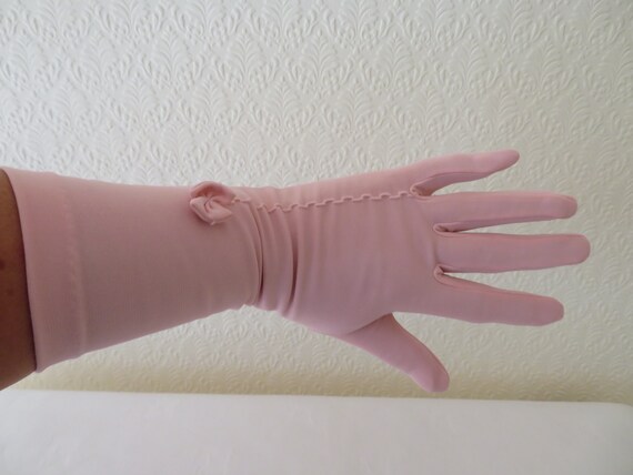 Vintage Pink Nylon Mid Length Gloves with Embroid… - image 2