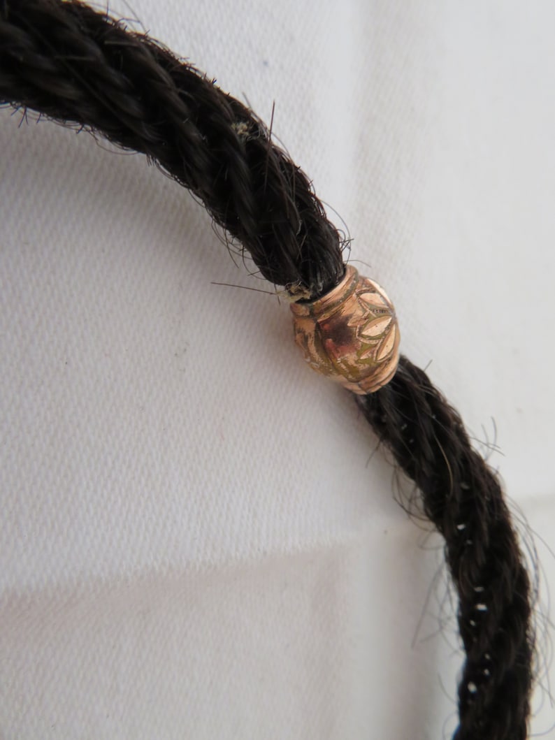 Antique Black Human Woven Hair and Rolled Rose Gold Albert Watch/Fob Chain 1800's Victorian Mourning/Sweetheart Jewellery image 4