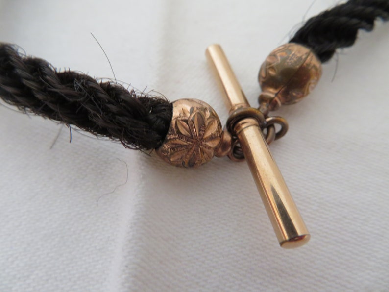 Antique Black Human Woven Hair and Rolled Rose Gold Albert Watch/Fob Chain 1800's Victorian Mourning/Sweetheart Jewellery image 3