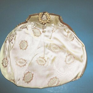 Antique French Pale Green & Gold Sateen Evening Bag/Purse with Pearl Clasp and Frame