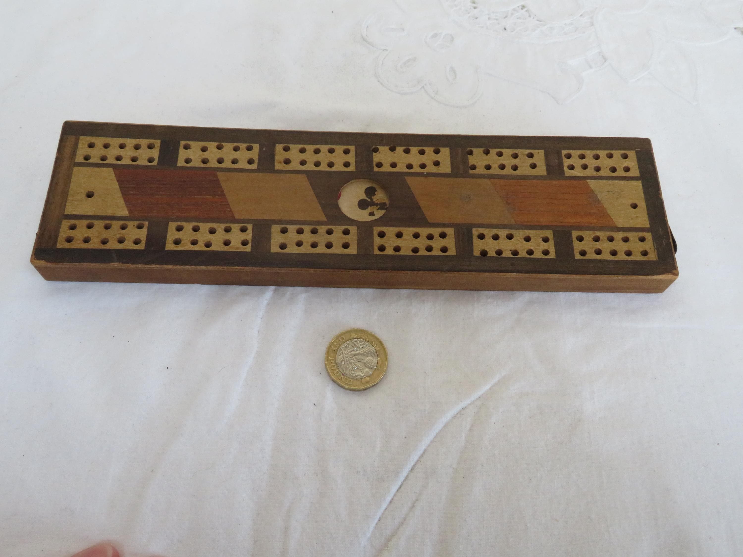 Vintage Inlaid Wood Cribbage Board with & Suits Marker and Storage - Traditional Craft - Games/Gambling