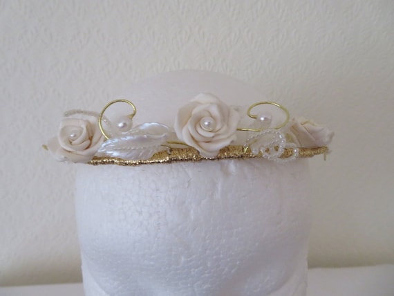 Vintage Ivory Rose and White Leaves Tiara/Crown/H… - image 1