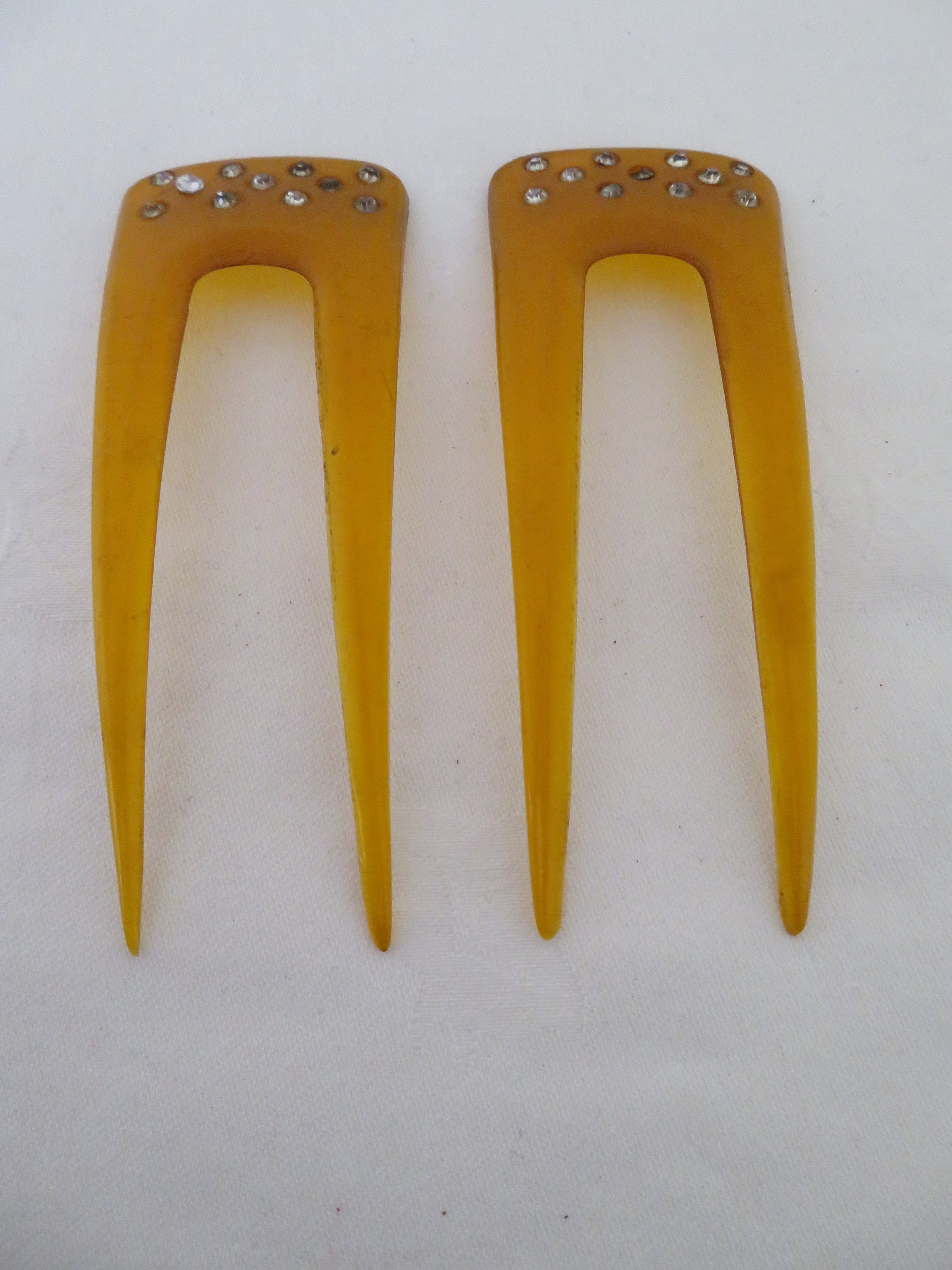 Vintage Matching Pair of Amber Celluloid & Diamante 