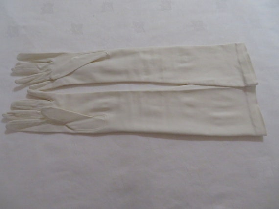 Vintage Ivory Stretch Satin Elbow Length Gloves -… - image 6