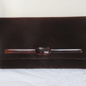 Vintage Designer Brown Velvet Evening Clutch Bag/Purse With Fabulous Faux Tortoiseshell Lucite Bar by G Castellari, Milan, Italy - 1980&#39;s