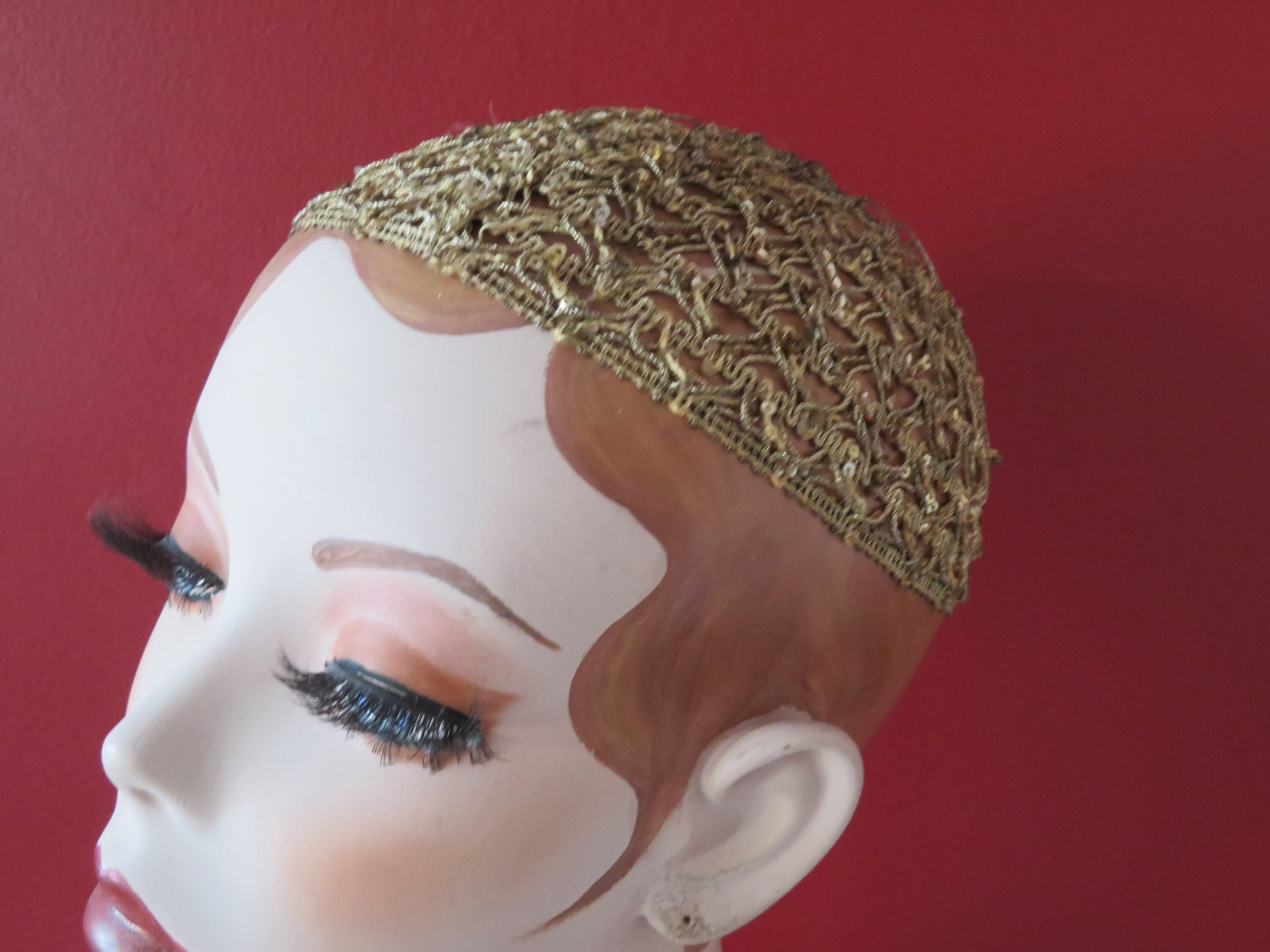 Gold Tone Hat Beaded Flapper Rare VTG Art Deco Fringed Skull Cap Cloche Vintage Art Deco Gold Sequin Skull/juliet/flapper Cap/hair  main image 2