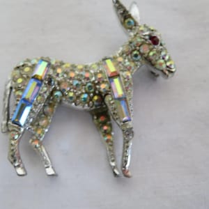 Vintage PELL Rhodium Plated & Aurora Borealis (AB) Rhinestone/Diamante Donkey Brooch/Pin - 1960's
