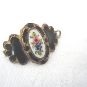 Antique French White and Black Champleve Enamel Scarf Clip with Rose & Forget Me Not