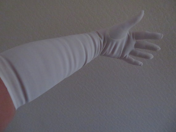 Vintage Ivory Stretch Satin Elbow Length Gloves -… - image 4