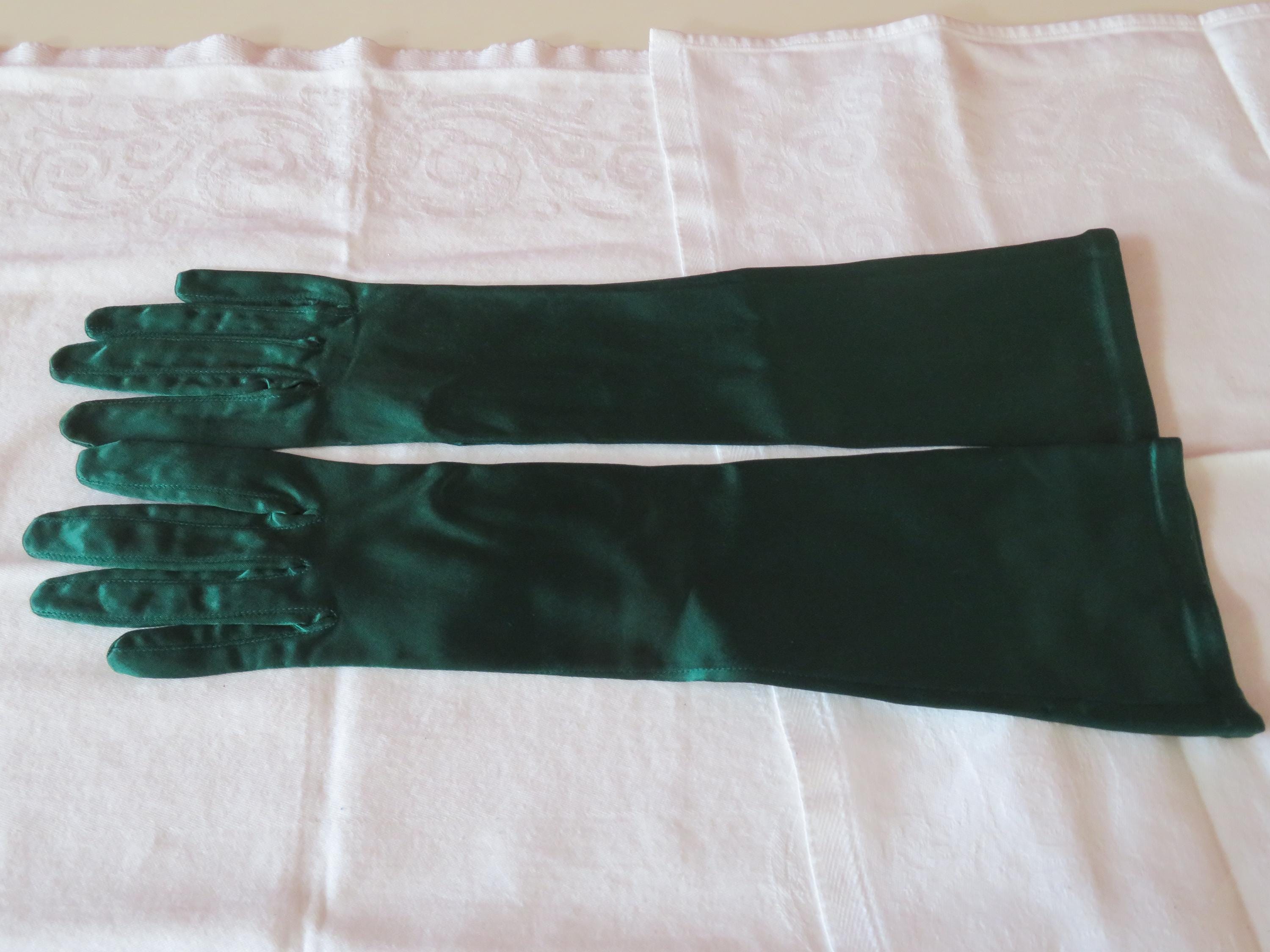 Vintage Dark Green Stretch Satin Below Elbow Length Gloves by 