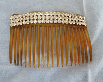 Peineta antigua de imitación de cuerno y diamantes de imitación/diamantes de imitación - Tamaño grande, pieza rara