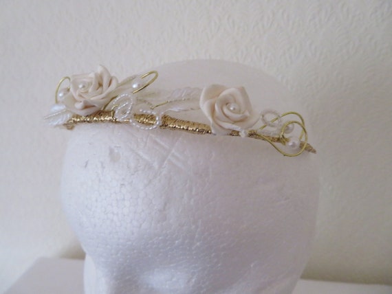 Vintage Ivory Rose and White Leaves Tiara/Crown/H… - image 3