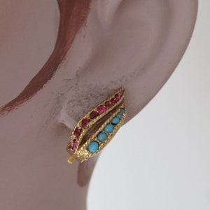 Vintage Designer Gold Tone Leaf Shape Clip On Earrings by Sphinx with Turquoise and Pink/Ruby Gems - 1980's -